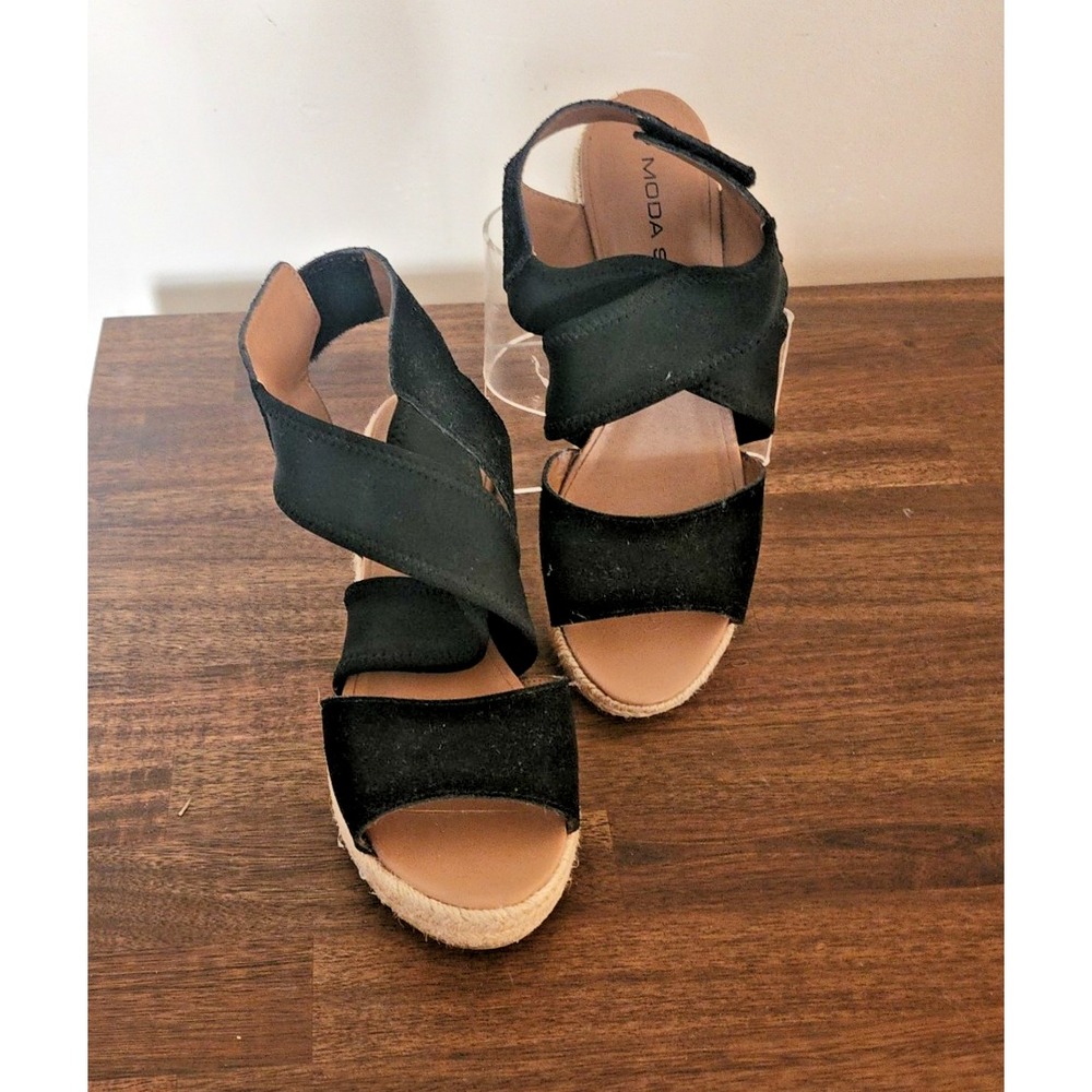 Moda Spana Women's Blk Ankle Strap Sandal, Wedge Heel & Adjustable Strap Sz 8.5